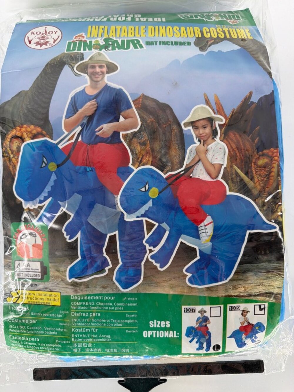 Inflatable Dinosaur Costume For Kids Small Size Blue & Red Battery-Operated Fan